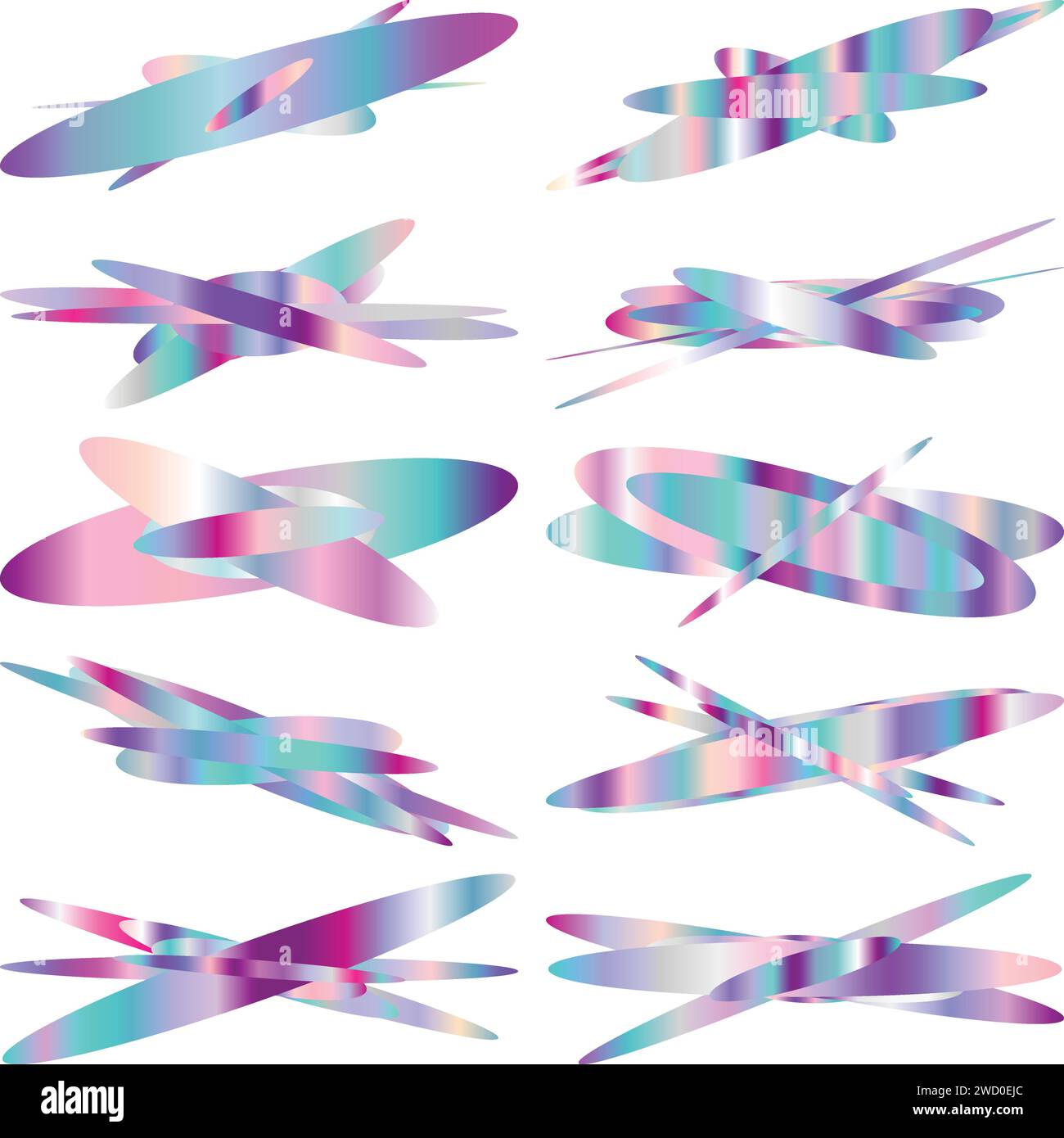 An abstract cut out transparent iridescent oval gradient shape futuristic pattern design element bundle. Stock Vector