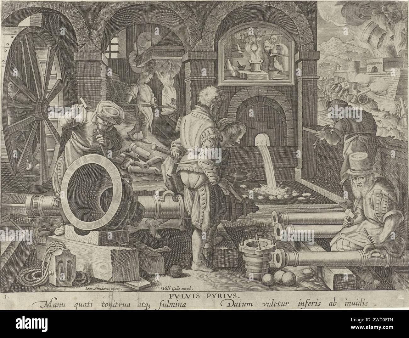 Artilleriewerkplaats, Philips Galle (attributed to workshop or), After Jan van der Straet, c. 1589 - c. 1593 print A few IJzergieters prepare a cannon in an artillery workshop. Above the melting oven the inventor of the gunpowder, Berthold Schwartz. In the background the siege of a city by cannons. The print has a Latin caption and is part of a nineteen -part series about new inventions and discoveries. print maker: Antwerpafter design by: Florencepublisher: Antwerp paper engraving iron and steel industry. firearms: cannon. projectiles, explosives, etc.: gunpowder. gun-smith, rifle-maker, armo Stock Photo