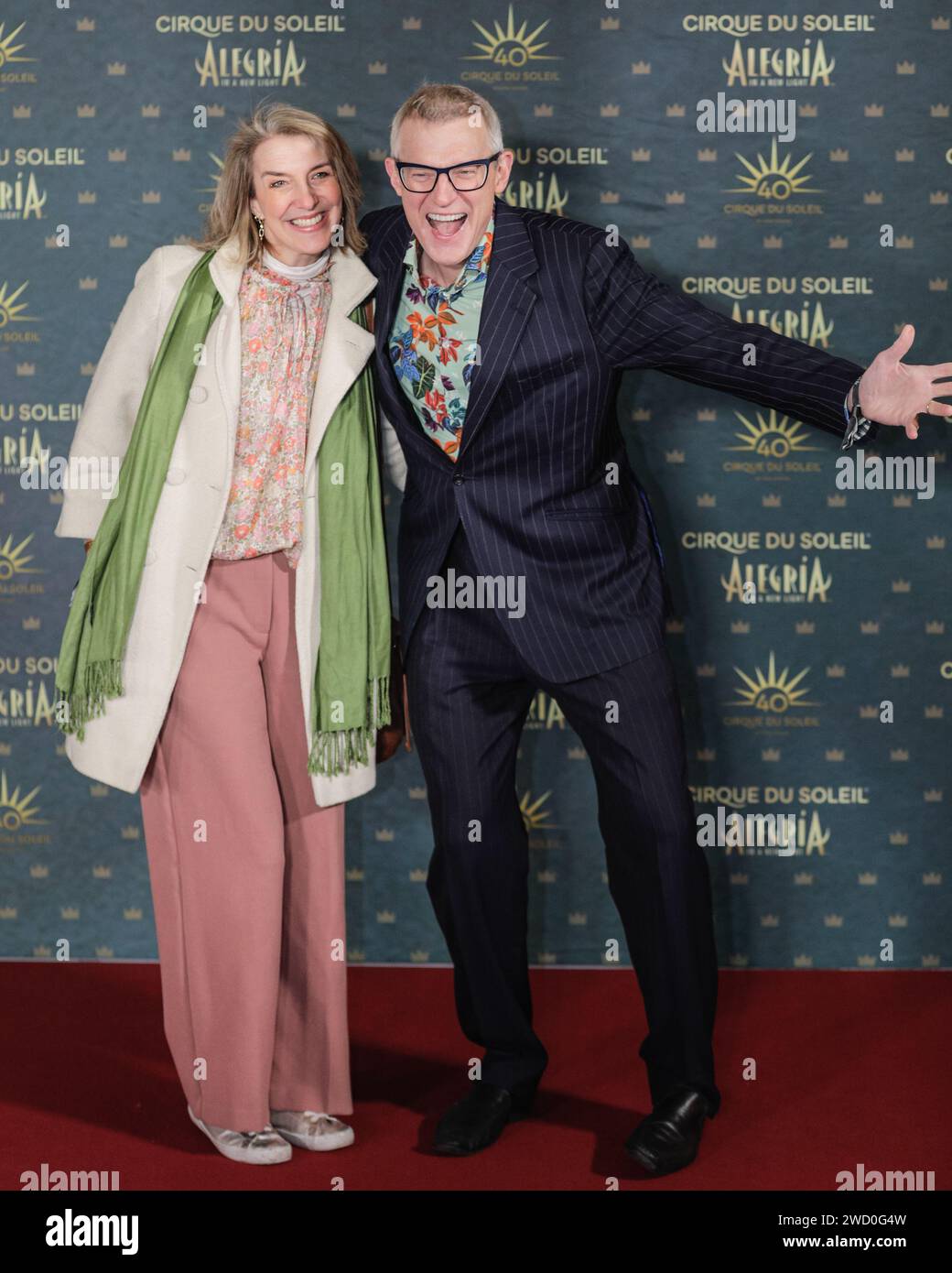 London, UK. 17th Jan, 2024. Jeremy Vine and wife arriving for the premiere of Cirque Du Soleil 'Alegria - In A New Light' premiere at the Royal Albert Hall in London. Credit: Imageplotter/Alamy Live News Stock Photo