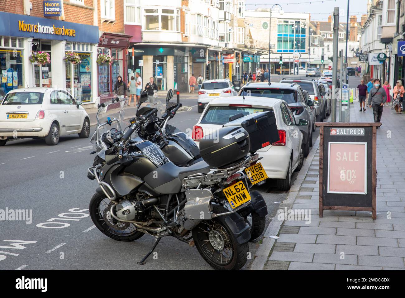 Swanage Dorset, two BMW R1200 GS adventure touring motorbikes, both
