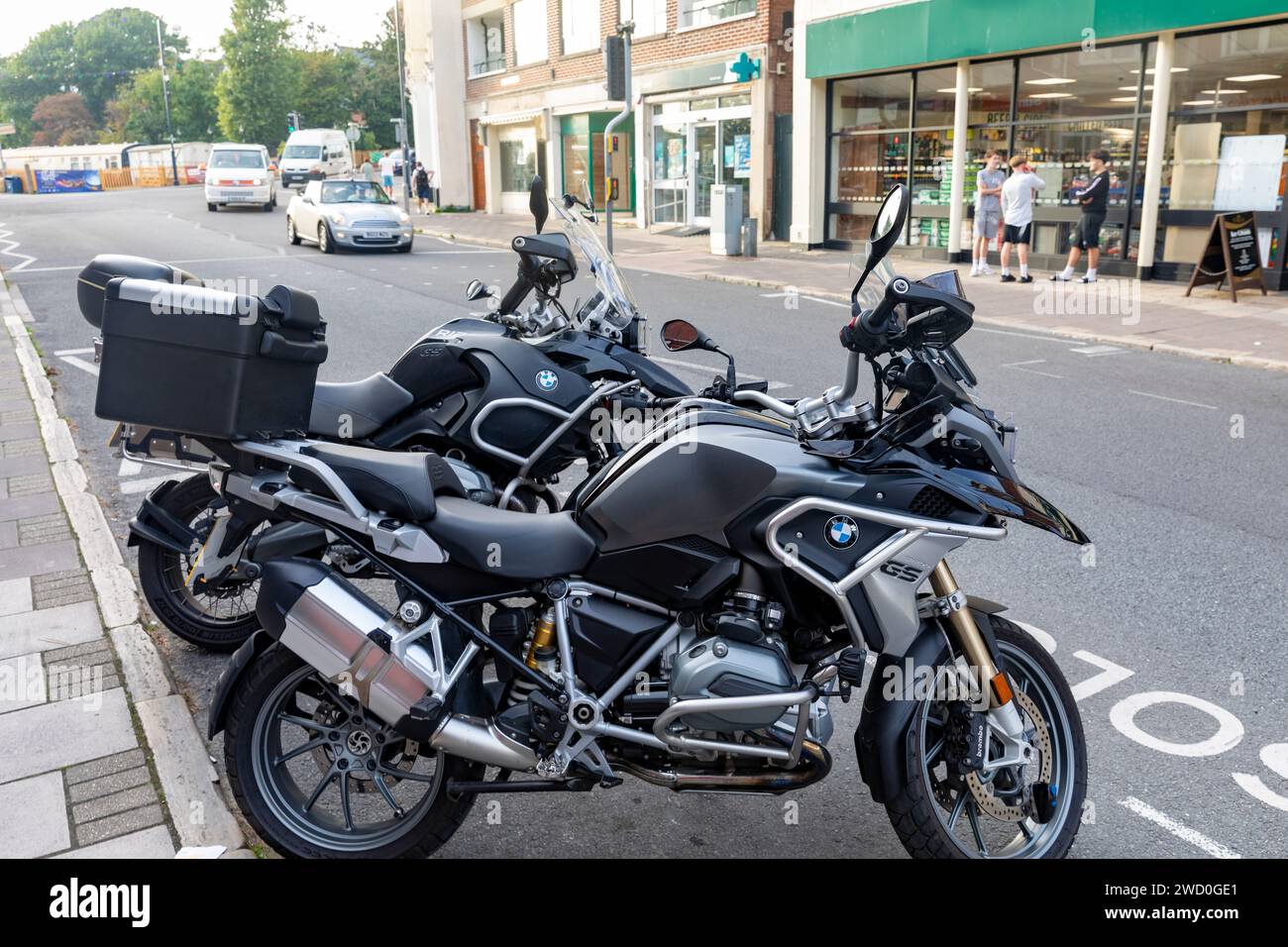 Swanage Dorset, two BMW R1200 GS adventure touring motorbikes, both