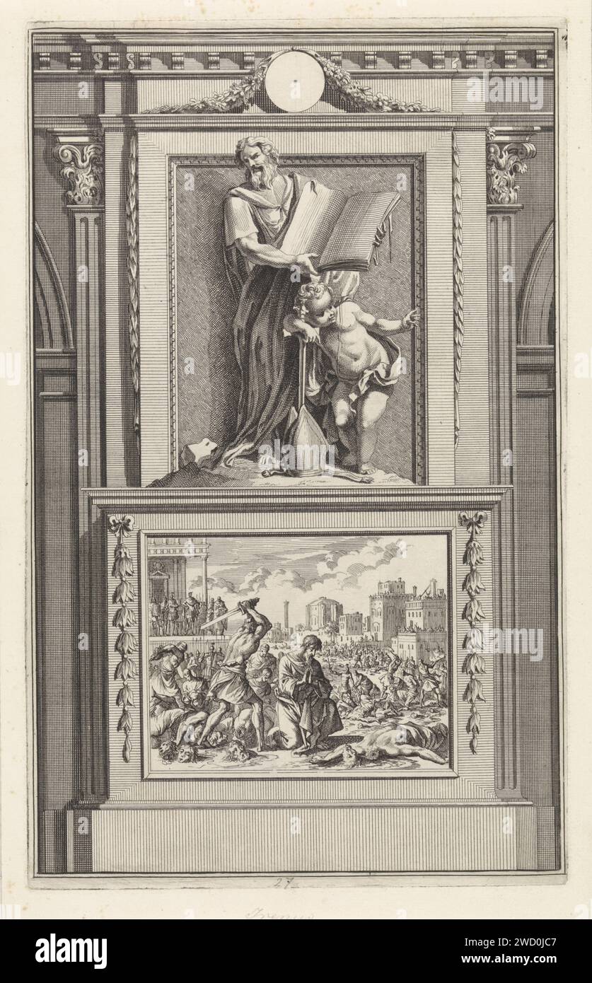 H. Ireneus van Lyon, church father, Jan Luyken, after Jan Goeree, 1698 print The Holy Church Father Ireneus of Lyon is in his hands with an open book. Next to him, an angel supports a sword that was stabbed in a Bisschops smiler. Ireneus is on a pedestal where his beheading has been portrayed on the front. Amsterdam paper etching / engraving male saints (IRENAEUS OF LYON). violent death by beheading Stock Photo