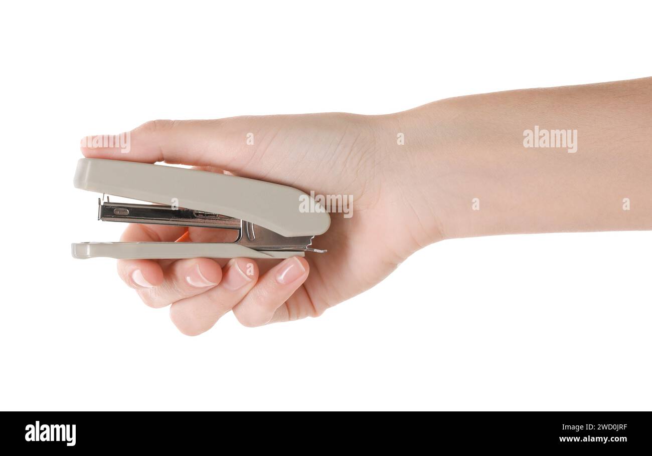 Woman holding new stapler on white background, closeup Stock Photo - Alamy
