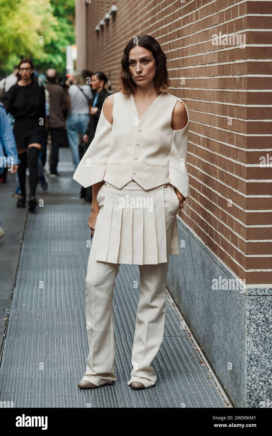 Erika Boldrin is seen wearing a white cream Fandi suits, outside Fendi show during Milan Fashion Week Womenswear Spring/Summer 2024. Stock Photo