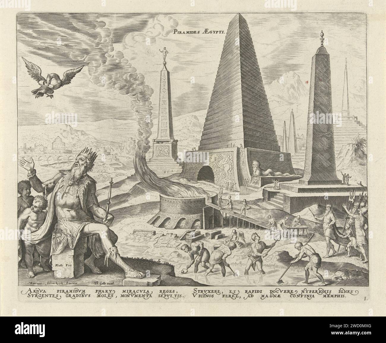 Pyramids of Egypt, Philips Galle, After Maarten van Heemskerck, 1581 - 1633 print In the background Egyptian pyramids and obelisks. Men made to slave scoop clay from the river, which are then baked into stones in a burning oven for the buildings. In the foreground, Pharaoh Psammetiches is on a stone block. He looks at an eagle with a sandal in his mouth. This image refers to a fable of Aesopus about the relationship between Rhodopis, a young Egyptian woman, and the Pharaoh. The print has a Latin caption and is part of a series about the eight wonders of the world. print maker: Antwerpafter des Stock Photo