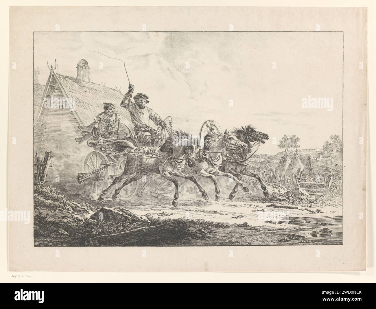 Two men in a carriage with three horses, Alexander Orlowski, 1810 print