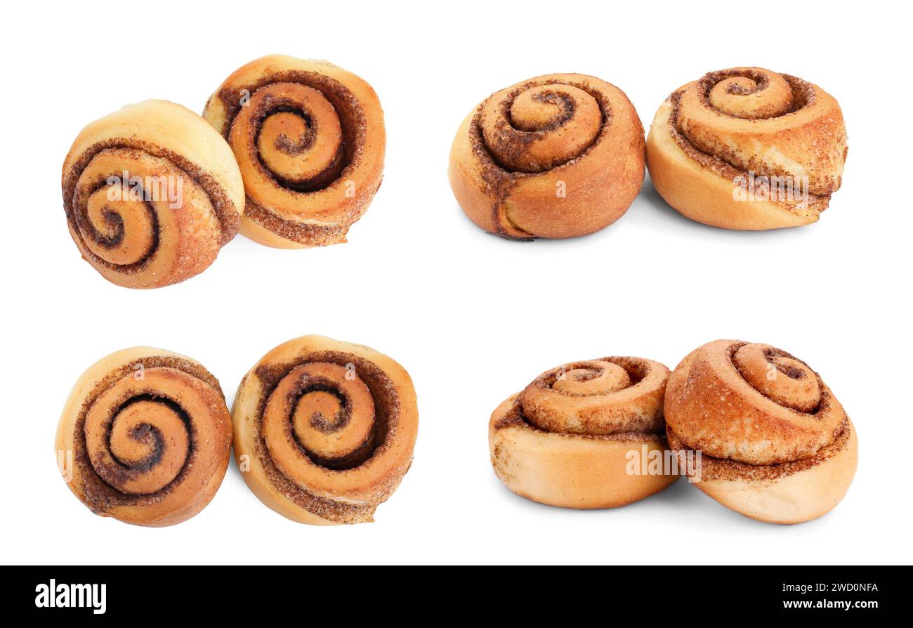 Tasty cinnamon rolls isolated on white, set Stock Photo - Alamy