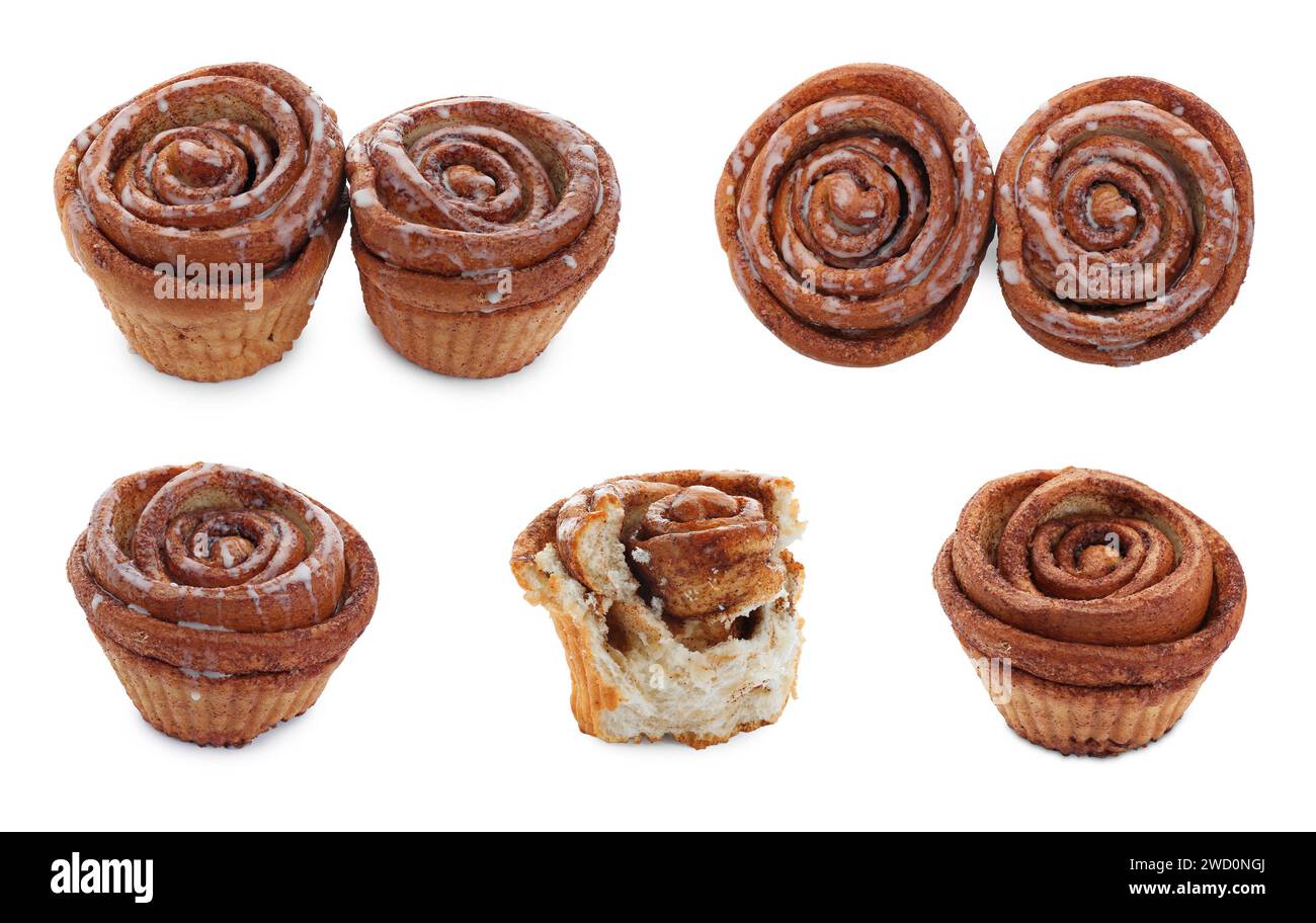 Tasty cinnamon rolls isolated on white, set Stock Photo - Alamy