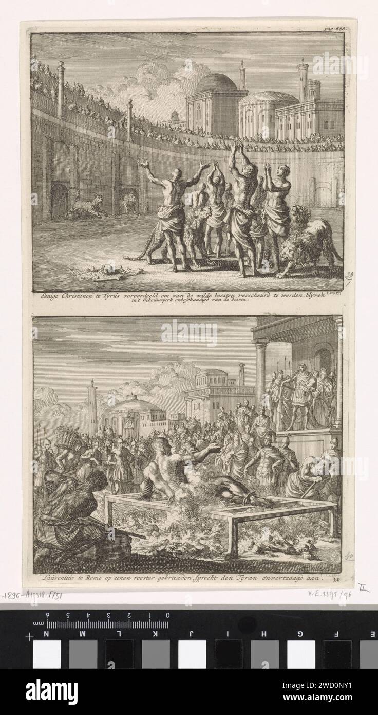 Christians in Tyrus are saved by the lions and the torture death of Saint Laurentius, Jan Luyken, 1700 print Two performances on a plate. Above: Lions are released on the first Christians in the Arena of Tire. The lions do not attack the Christians but become tame. Below: St. Laurentius is located on a grid and is burned alive. During his connection he speaks to Emperor Valerian. Amsterdam paper etching beasts of prey, predatory animals: lion (+ man and animal). saints. the early Christian Churches, e.g. Armenians, Copts, Syrians. St. Laurence is roasted on a gridiron Stock Photo