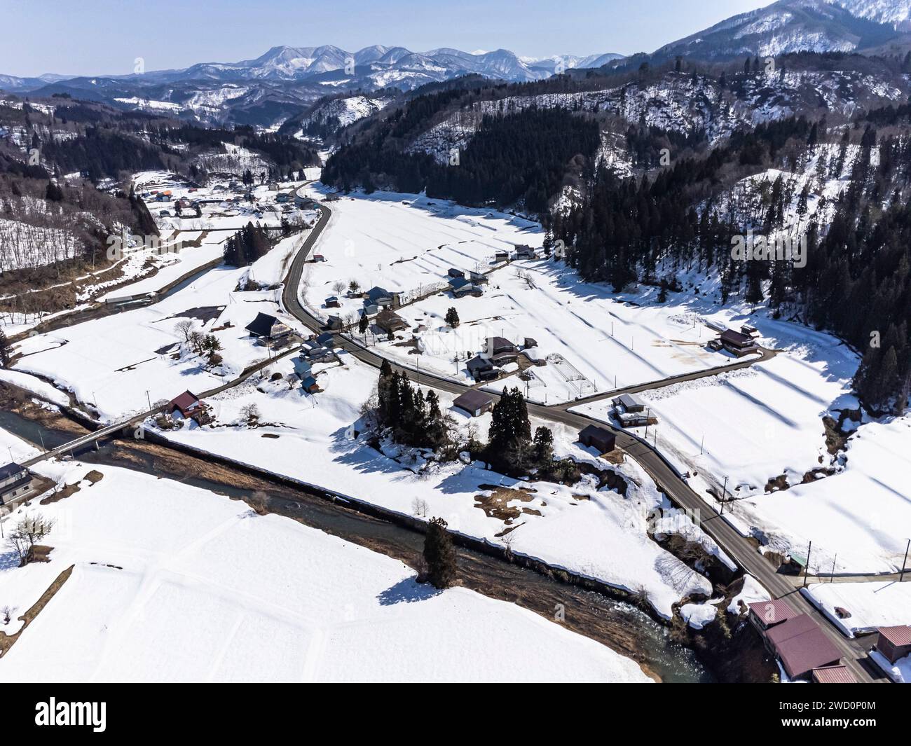 Yokote city, winter, snow covered, outskirts of the city, the country, valley, Drone aerial, Akita, Tohoku, Japan, East Asia, Asia Stock Photo