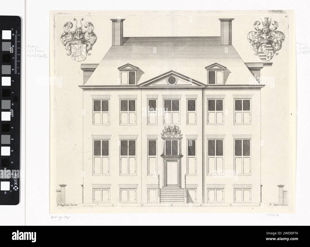 Facade of Huis Vanenburg near Putten, Bastiaen Stopendael, after Philips Vinckboons (II), 1674 print Facade of Huis Vanenburg near Putten, built by order of Hendrik van Essen in 1664. The house was designed by Philips Vingboons. Amsterdam paper etching / engraving exterior  architectural design or model Draw Stock Photo
