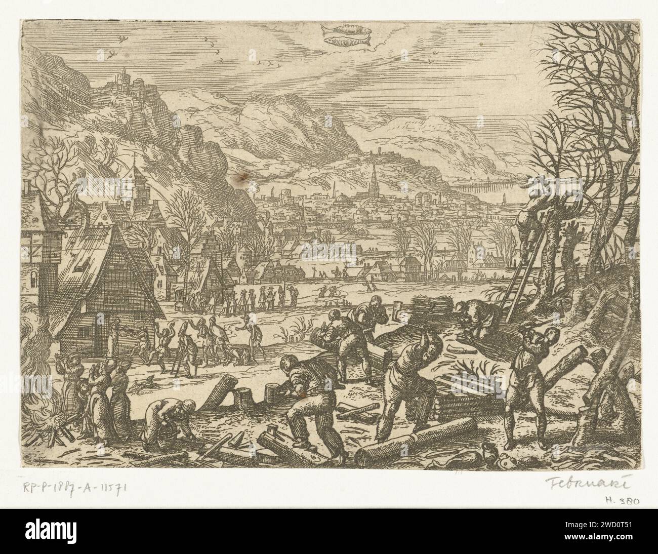 February, Pieter van der Borcht (I), 1545 - 1608 print Winter landscape with winter scenes. February is the Sprokkel month. In the foreground, dead wood is left of the winter minced meat and collected. People warm themselves on a home -made fire. A procession is underway in the background while some beggars dressed up the houses for alms, a variation on carnival, fasting evening or headline day. In the middle of the constellation fishing. In this series of the twelve months, every month is depicted with the human activities, her climatic characteristics and its constellation that are typical o Stock Photo