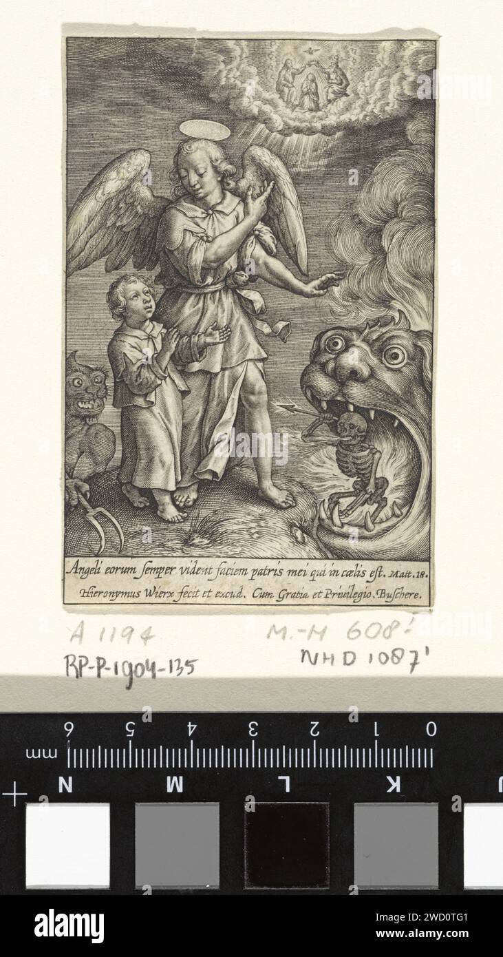 Child with guardian angel, Hieronymus Wierix, 1563 - Before 1619 print A child is protected against the devil and death by his guardian angel. The angel points out the child to the coronation of Mary through the trinity in heaven. In the margin a Bible quote from Mat. 18 in Latin. Antwerp paper engraving guardian angel. coronation of Mary in heaven (usually the Holy Trinity present) (+ Holy Trinity). devil or demons attacking mortals. Death as skeleton (+ Death with bow and arrow) Stock Photo
