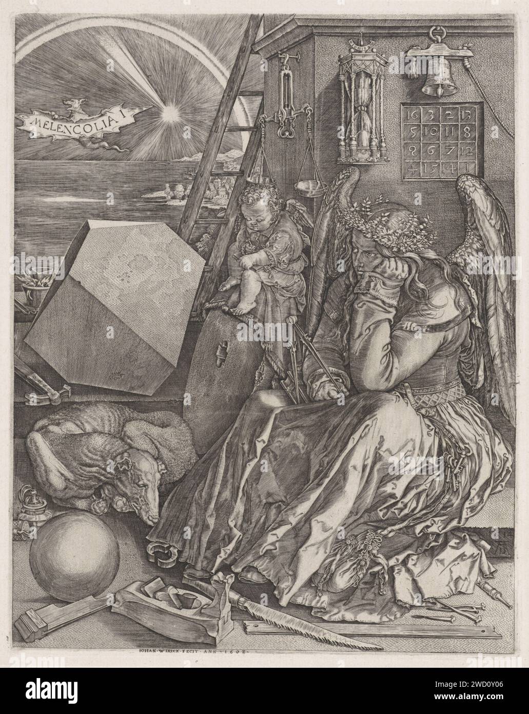 Melancholy, Johannes Wierix, After Albrecht Dürer, 1602 print The melancholic temperament in the form of a winged woman who looks in front of herself, the jaw on the left, supported, a passer in hand. Various (measuring) instruments, such as a scale, an hourglass and a saw. A dog at her feet. Next to her a putto that writes something on a tablet. At the bottom right on a stone the monogram of Albrecht Dürer and the dating of his print. Antwerp paper engraving melancholic temperament Stock Photo