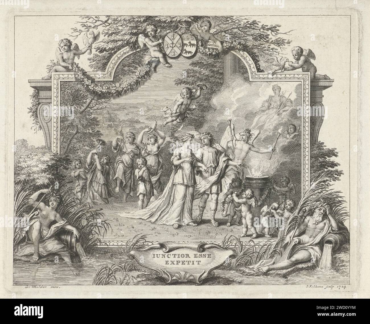 Allegory at the marriage, Jacob Folkema, After Gerard Melder, 1724 print Allegory on the marriage, placed in an elegant list where the weapons of the Neufville and De Wolff families adorn. Central is a couple who are led to the sacrificial column by an angel with fire ventures. Putti are waiting for them with flower wreaths. In the sky, Juno looks from a cloud. In the background, figures make music and a putto with two laurel wreaths. Outside the list flanked by two river gods, the text is on a cartouche: Iunctior Esse Expetit.  paper etching 'Castit marriage', 'Marital faith', 'Marriage' (Rip Stock Photo