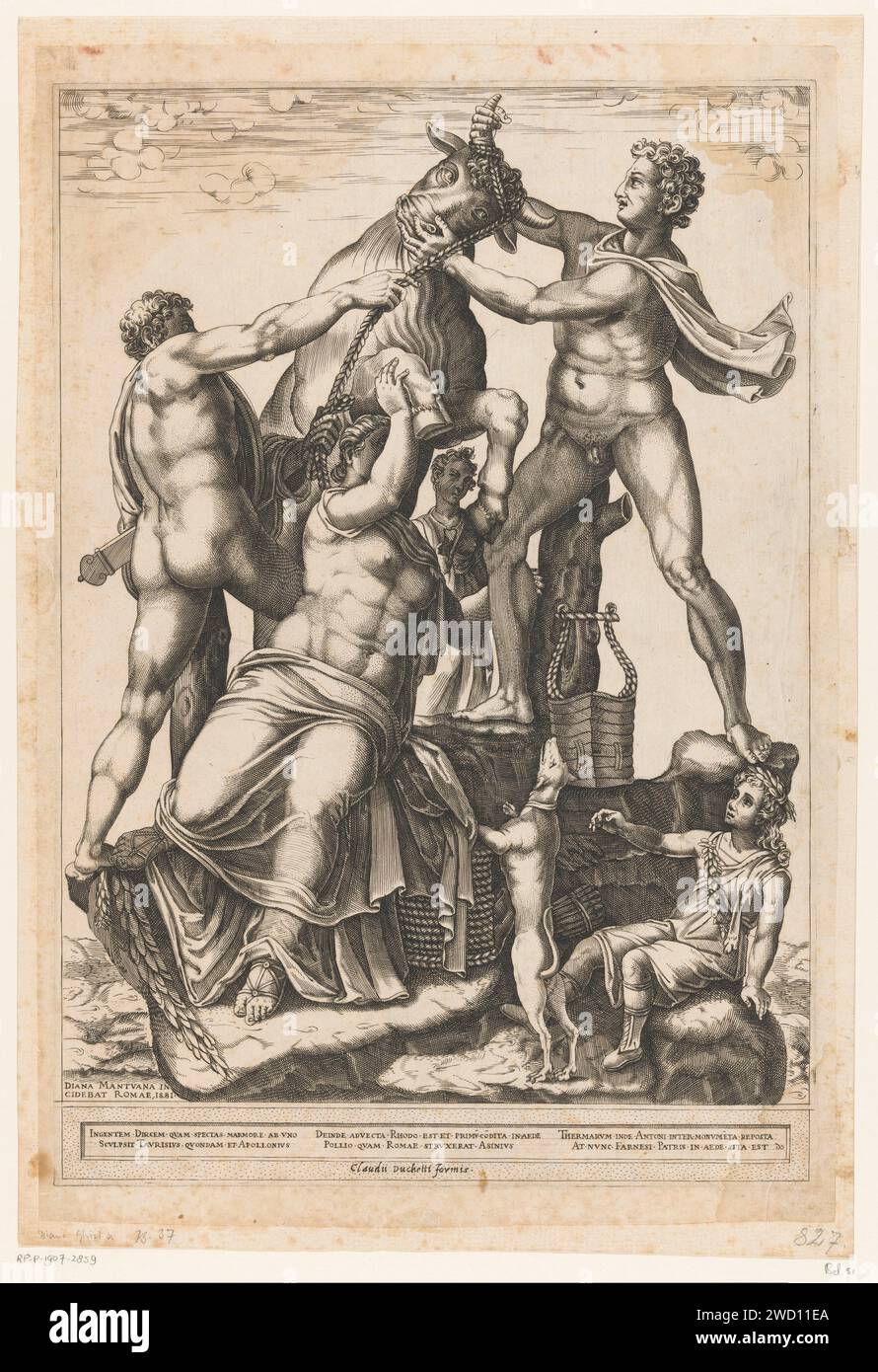 Dirce is tied to a bull, Diana Mantuana, After Anonymous, 1581 print Antique sculpture known as the Farnese bull. The Amphion and Stehus brothers tie the braided hair of Dirce to the horns of a bull. Three columns of Latin text in the lower margin. Rome paper engraving Amphion and Zethus avenge their mother by tying Dirce to the horns of a bull. piece of sculpture, reproduction of a piece of sculpture. slavery; serfs and the enslaved Stock Photo