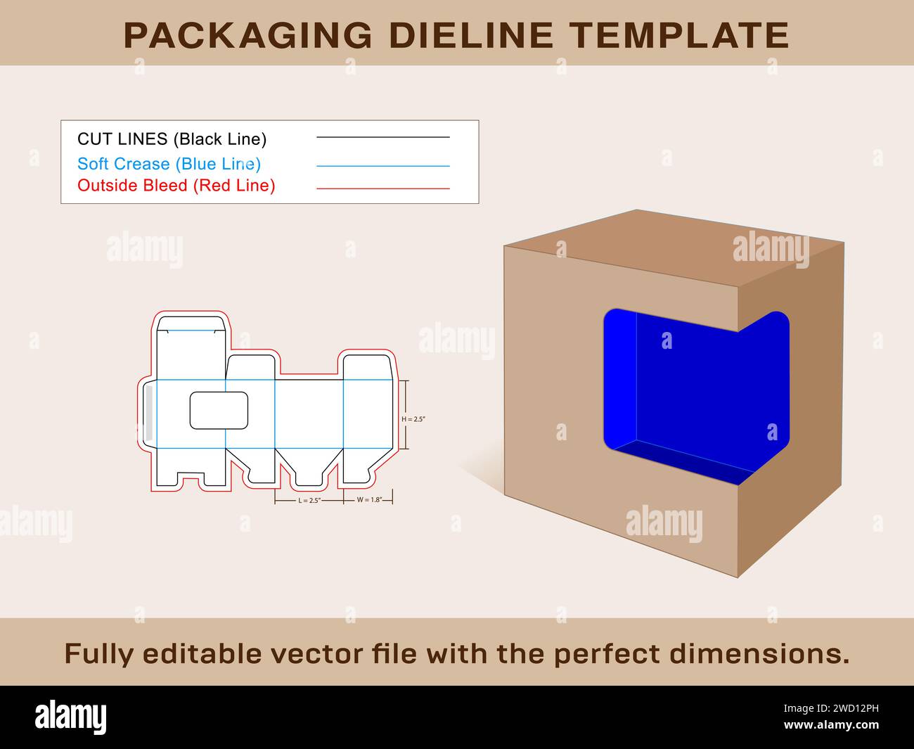Large Gift Box With Window Dieline Template, 3d box, Vector File Stock Vector