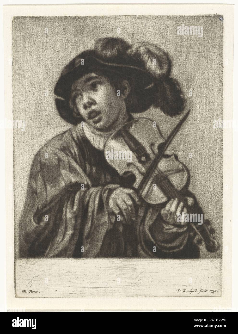Violin player, Dirk Koedijck, after Hendrick ter Brugghen, 1730 print A boy, with a feathered hat on the head, plays a violin. Zaandam paper engraving one person playing string instrument (bowed). violin, fiddle Stock Photo