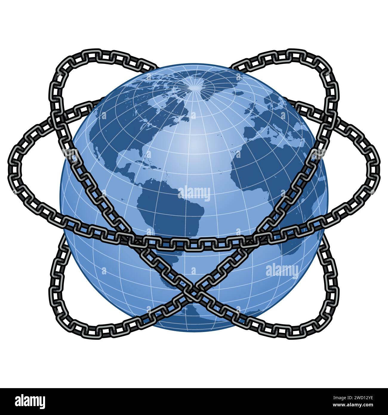 Vector design of Planet Earth surrounded by chains, design of the earth sphere with chains Stock Vector