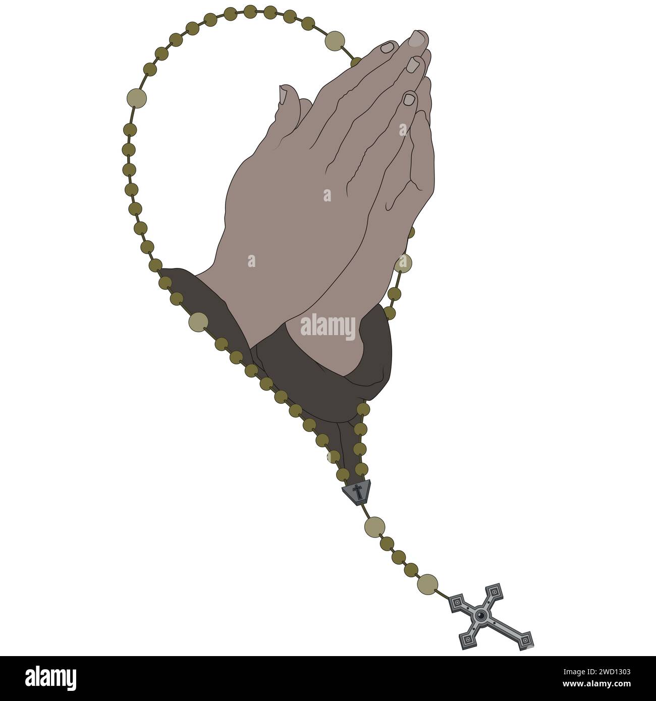 Vector design of praying hands with christian rosary, symbol of