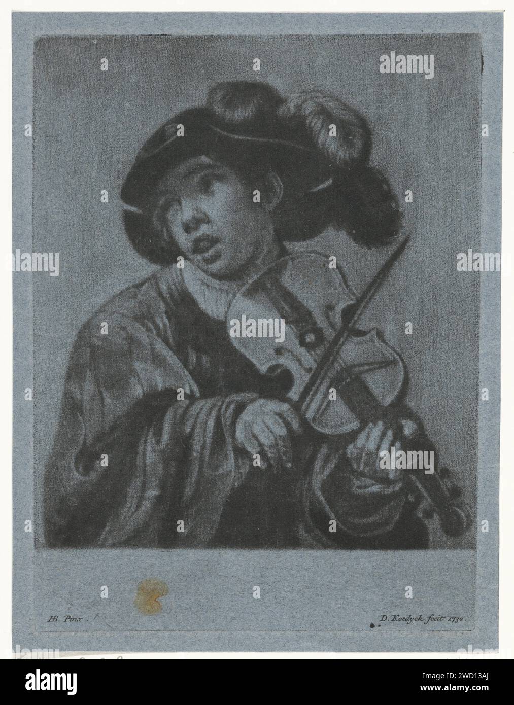 Violin player, Dirk Koedijck, after Hendrick ter Brugghen, 1730 print A boy, with a feathered hat on the head, plays a violin. Zaandam paper  one person playing string instrument (bowed). violin, fiddle Stock Photo