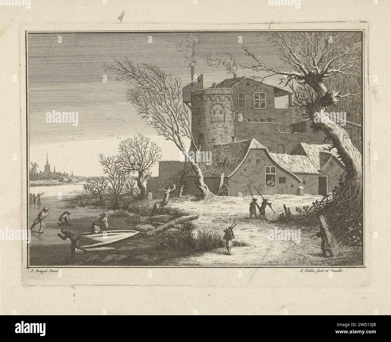 Winter landscape with skaters, Simon Fokke, after Pieter Brueghel, 1722 - 1784 print Winter landscape with skaters. On the bank is a house with smoking chimneys. Amsterdam paper etching winter landscape; landscape symbolizing winter (the four seasons of the year). skates (winter sports) Stock Photo