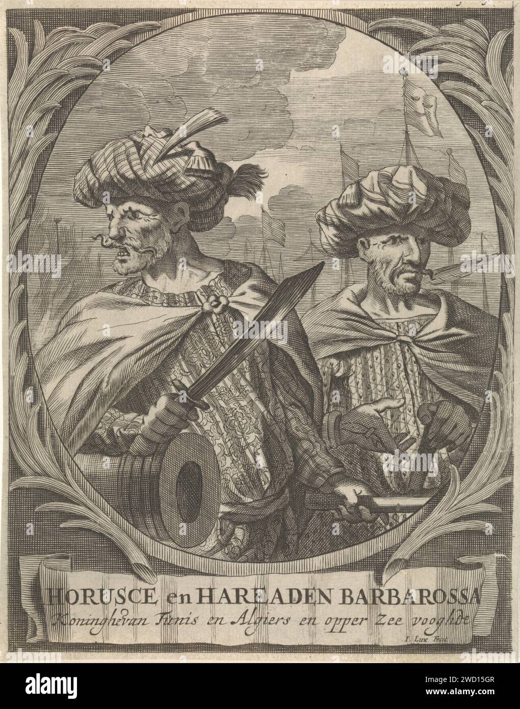 Portray Van Oruç Fasting Hızir Reis (Horuccius en Hayreddin Barbarossa), Ignatius Lux, 1659 - 1713 print The Ouuç and Hizir Reis brothers, also known as Horuccius and Hayreddin Barbarossa, were rulers of Algiers, Admiralen and Cape Folders. Hizir also conquered Tunis. Amsterdam paper etching pirate, corsair, buccaneer. historical persons. commander-in-chief, admiral Stock Photo