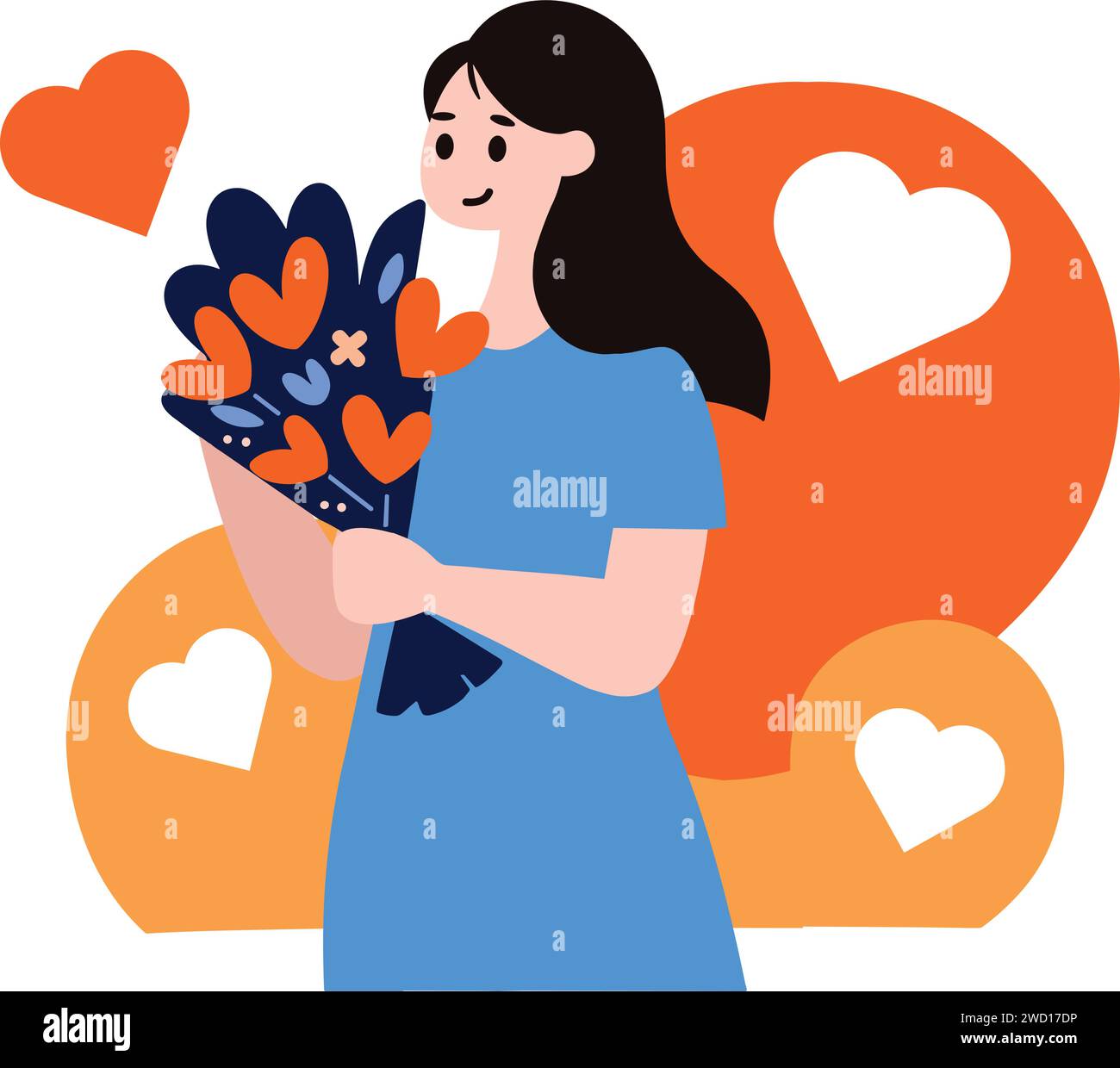 a woman holding bouquet of flowers in flat style isolated on background Stock Vector