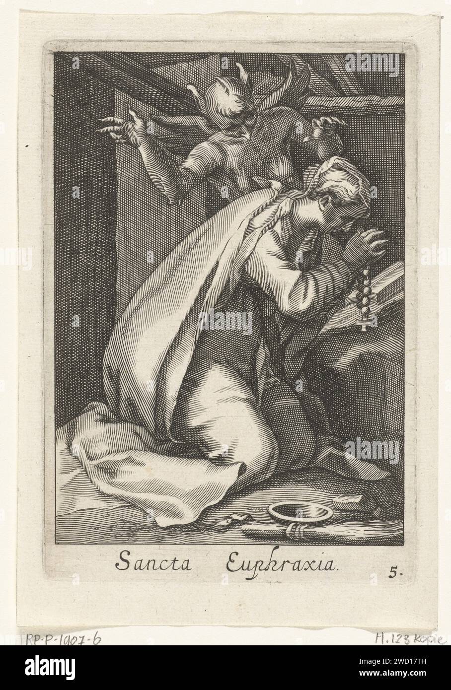 Holy Euphrasia of Constantinople as a recluse, Anonymous, After Boëtius Adamsz. Bolswert, after Abraham Bloemaert, 1590 - 1662 print Sacred Euphrasia of Constantinople as a recliner kneels in prayer in her recluse cell and is tempted by the devil.  paper engraving female saints. anchorite, hermit Stock Photo