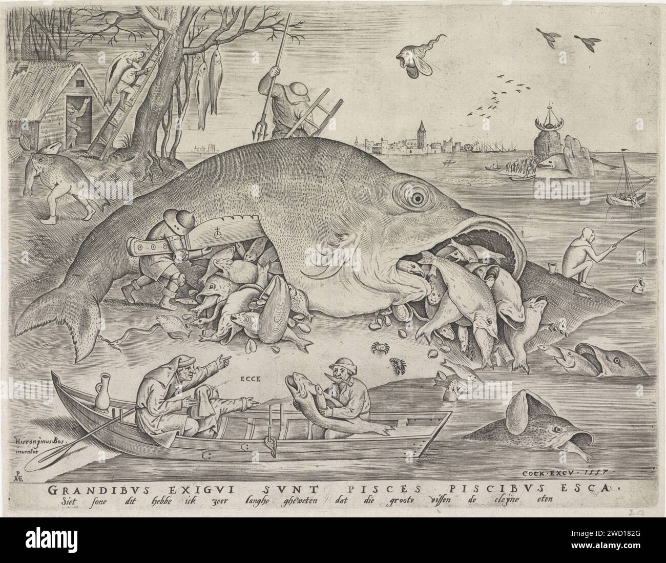 Big Fishs eat the small fish, Pieter van der Heyden, after Pieter Bruegel (I), After Jheronimus Bosch, 1557 print The big fish eat the small fish. A large fish trapped on the bank is cut open by a male with a knife, so that many small fish and shells come out of the belly and and mouth. In the foreground a rowing boat in which a father points his son to the spectacle and a fisherman. Under the performance a rule in Latin and a rule in Dutch. Antwerp paper engraving fishes. monsters larger than normal. commercial fishery. proverbs, sayings, etc. Stock Photo