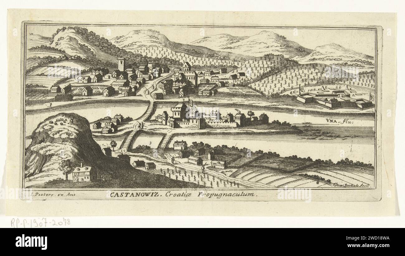 View of Kostajnica, Gaspar Bouttats, 1686 print View of the city of Kostajnica. In the foreground the fortification over the river Una. The print has a Latin caption. Antwerp paper etching prospect of city, town panorama, silhouette of city Kostajnica Stock Photo