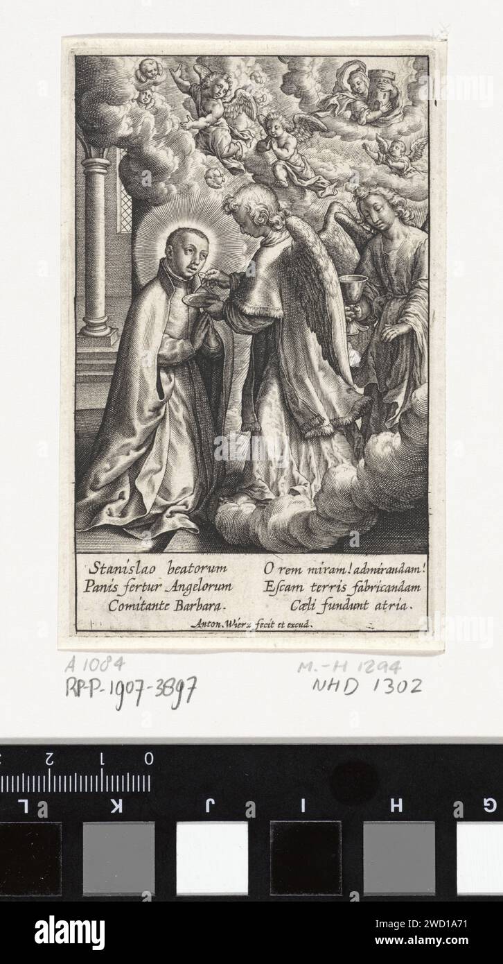 H. Stanislaus Kostka, Antonie Wierix (II), 1565 - Before 1604 print The Polish Jesuit Stanislaus Kostka is kneeling in a church. He receives the Holy Communion (consacered host and a sip from the chalice) from two angels. In heaven the Holy Barbara, in her arms her attribute the tower, surrounded by angels and cherubins. In the margin a six -line caption, in two columns, in Latin. Antwerp paper engraving male saints (with NAME). the virgin martyr Barbara; possible attributes: book, cannon(ball), crown, cross, chalice with wafer, Dioscuros (her father), peacock feather, sword, torches, mason's Stock Photo