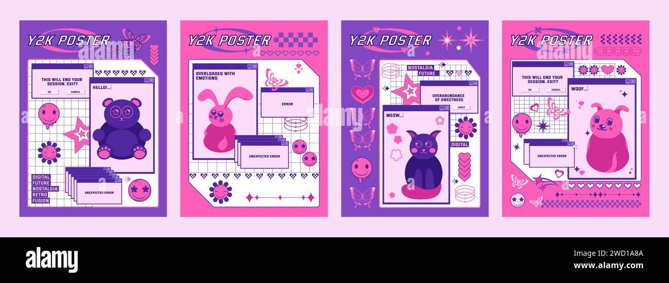 Purple and pink y2k retro style poster design template with old Purple and pink y2k retro style poster design template with old