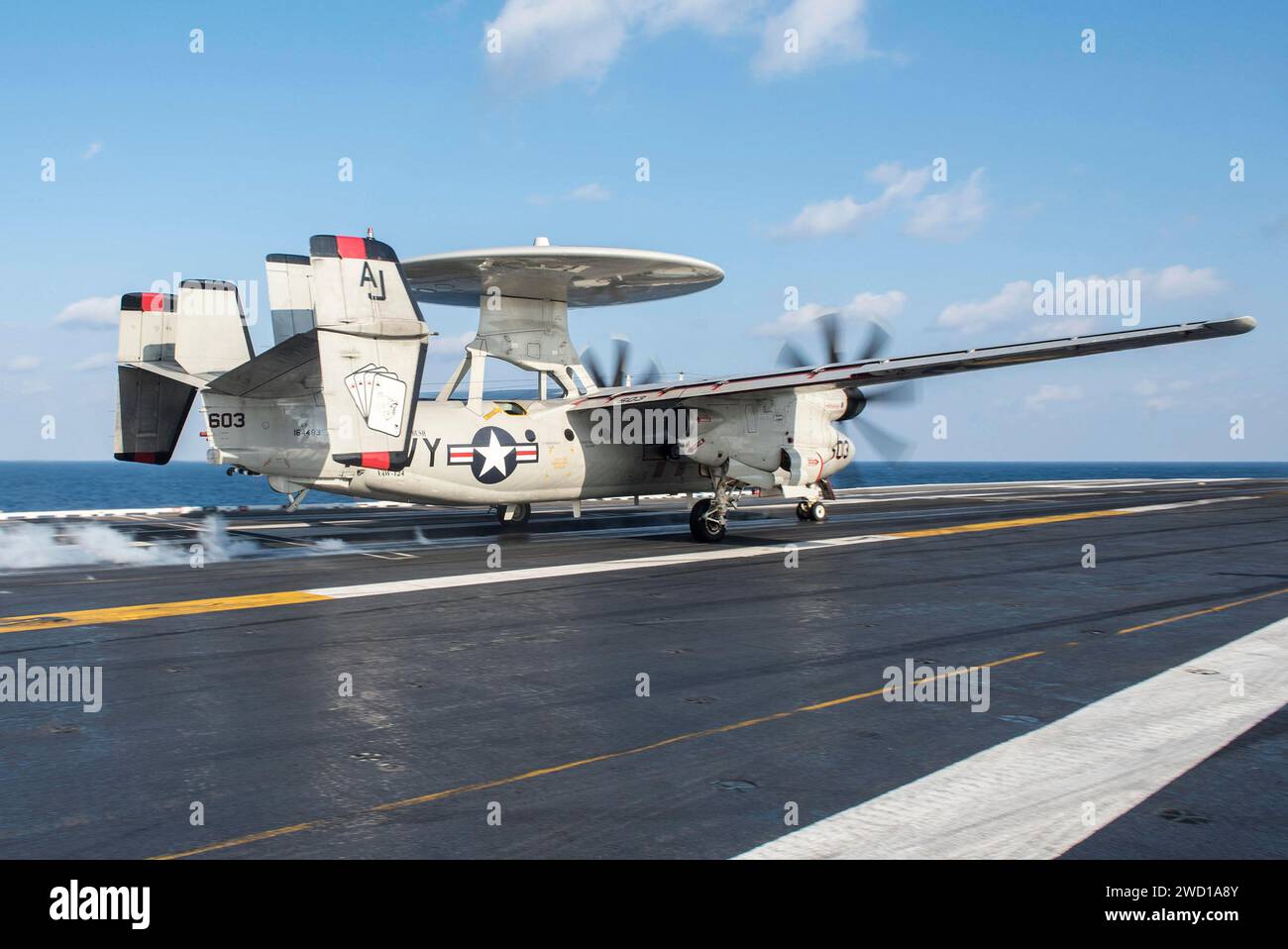 An E-2C Hawkeye early warning and control aircraft prepares to launch ...