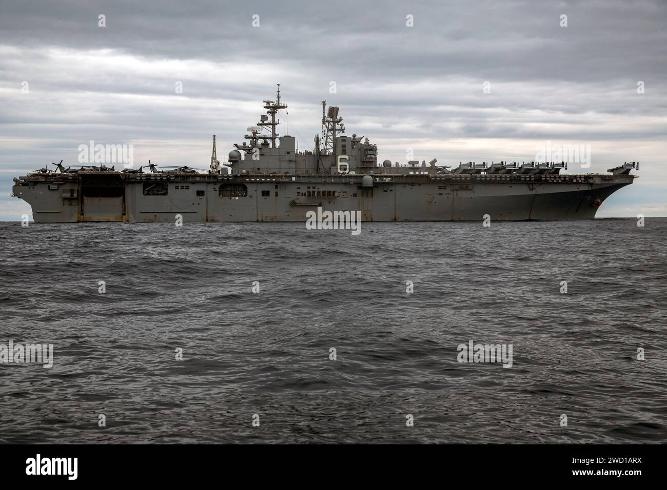 The amphibious assault ship USS Bonhomme Richard underway in the Pacific Ocean. Stock Photo