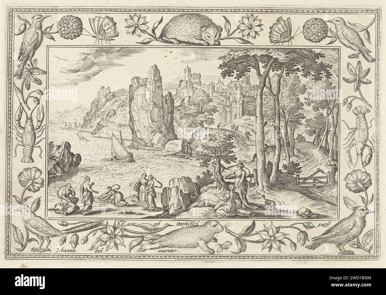 Moses is found by the daughter of Pharaoh, Adriaen Collaert, after Hans Bol, 1582 - 1586 print Coastal landscape. In the foreground on the left, Moses is found by the daughter of the Pharaoh on the banks of the Nile. The print has an ornament list with flowers and animals. He is part of a four -legged -part series of landscapes with Biblical, mythological scenes and hunting scenes. Antwerp paper engraving the finding of Moses: Pharaoh's daughter comes to bathe with her maidens in the river and discovers the child floating on the water. river mouth, estuary. flowers  ornament. ornamental birds Stock Photo