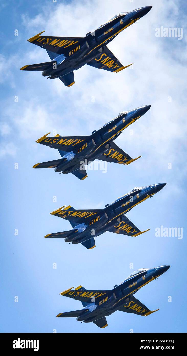 The U.S. Navy flight demonstration team, the Blue Angels, fly in formation. Stock Photo