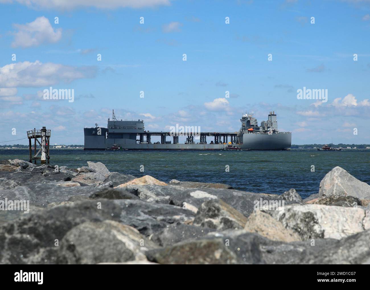 The expeditionary mobile base ship USNS Lewis B. Puller pulls into Naval Station Norfolk, Virginia. Stock Photo