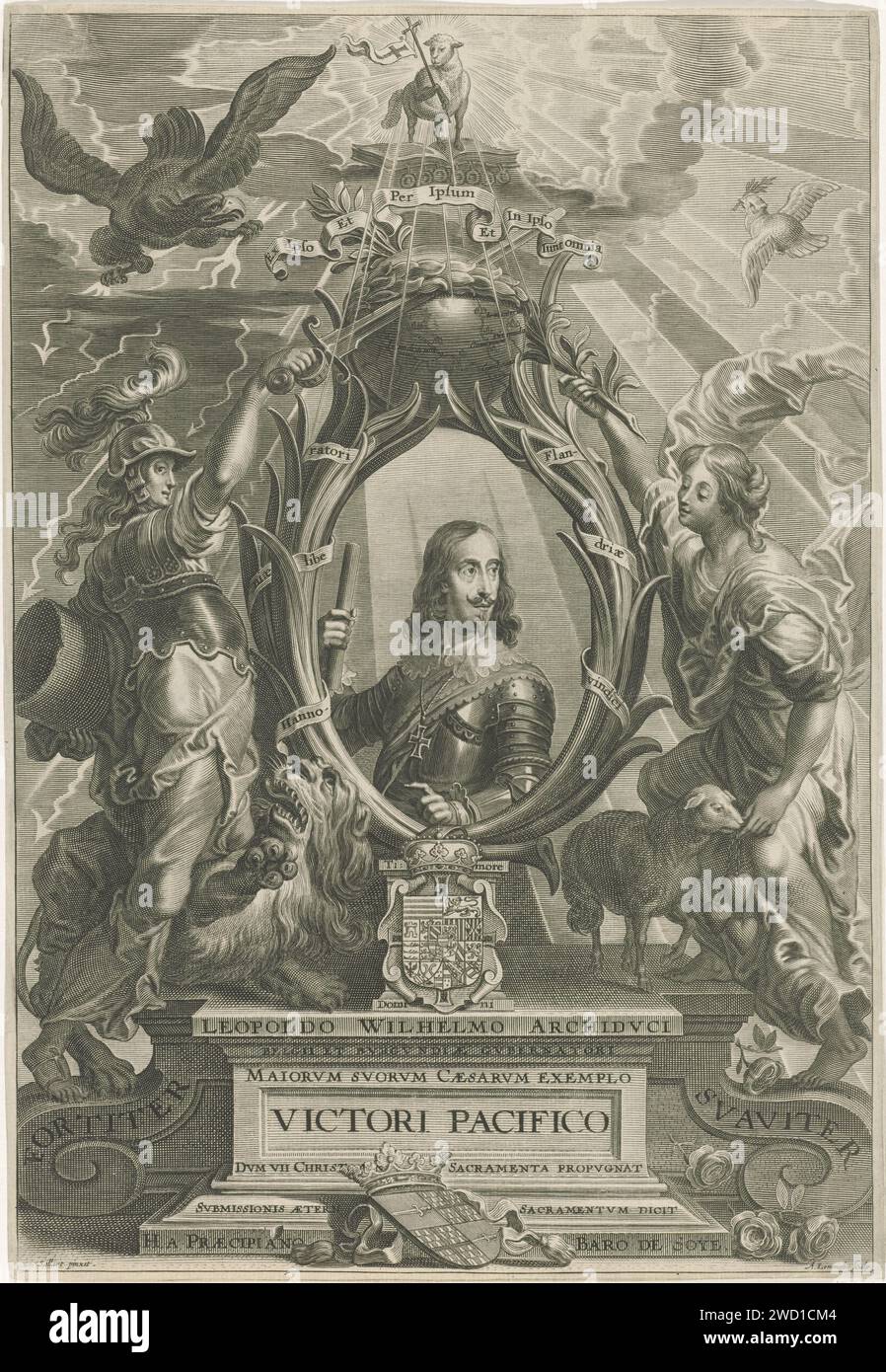 Portrait of Leopold Willem, Archduke of Austria, Adriaen Lommelin, after Antoine Sallaert, 1630 - 1677 print Portrait of Leopold Willem, Archduke of Austria, governor of the Spanish Netherlands. The portrait is flanked by the personalized force (left) and meekness (right). Under the portrait the crowned coat of arms of the portrayed person. The Lamb of God has appeared at the top of the sky. Antwerp paper engraving Fortitude, 'Fortitudo'  one of the Four Cardinal Virtues. Meekness; 'Mansuetudine' (Ripa). lamb bearing cross or banner, 'Agnus Dei'  symbol of Christ Stock Photo