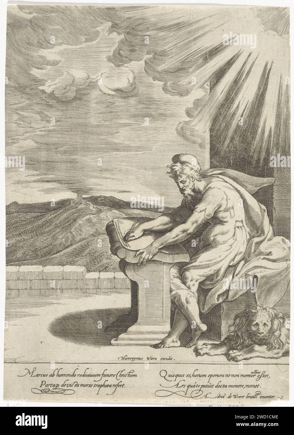 Marcus and De Leeuw, Isaac Duchemin (attributed to), after Adriaan de Weerdt, 1563 - Before 1590 print The evangelist Marcus is sitting at his writing table and writes his gospel. The lion is at his feet. In the background a face on a hilly landscape. In the margin a four -line caption, in two columns, in Latin. print maker: Southern Netherlandsafter design by: Brusselspublisher: Antwerp paper engraving St. Mark the evangelist writing the Gospel, usually a (winged) lion present Stock Photo