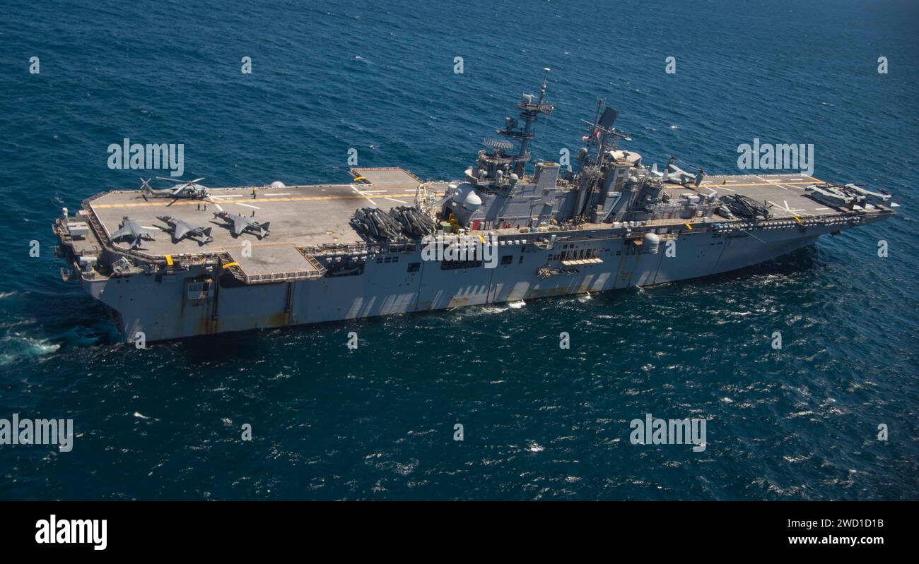 The amphibious assault ship USS Iwo Jima transits the Atlantic Ocean. Stock Photo