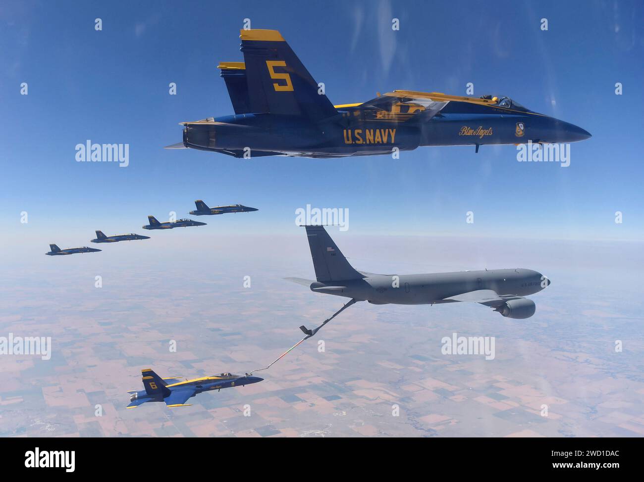 The U.S. Navy Blue Angels team conduct aerial refueling operations with a KC-135 Stratotanker. Stock Photo