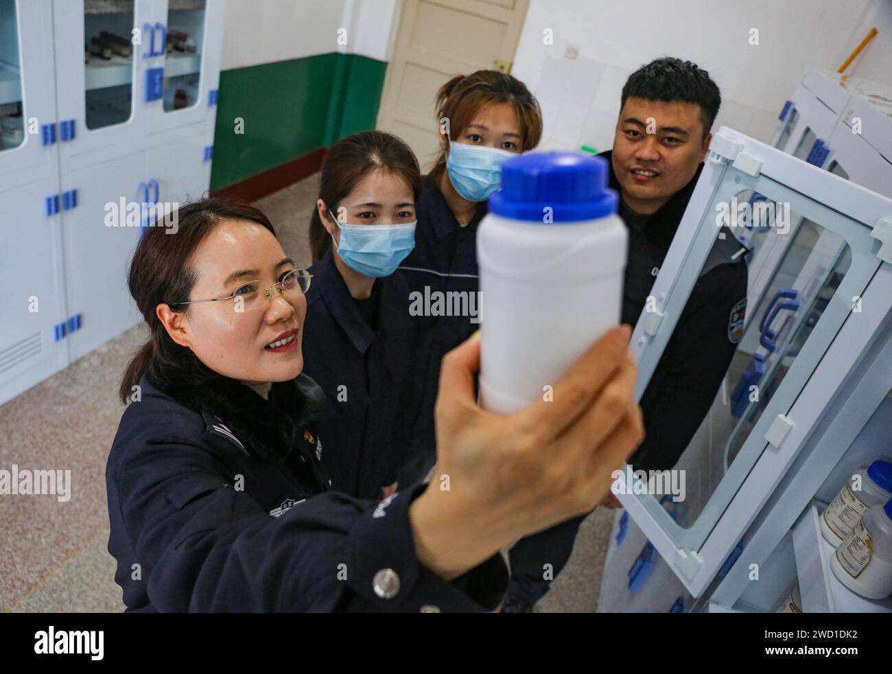 Police conduct a safety check at a precursor chemical company in Linyi city, East China's Shandong province, Jan 18, 2024. Stock Photo