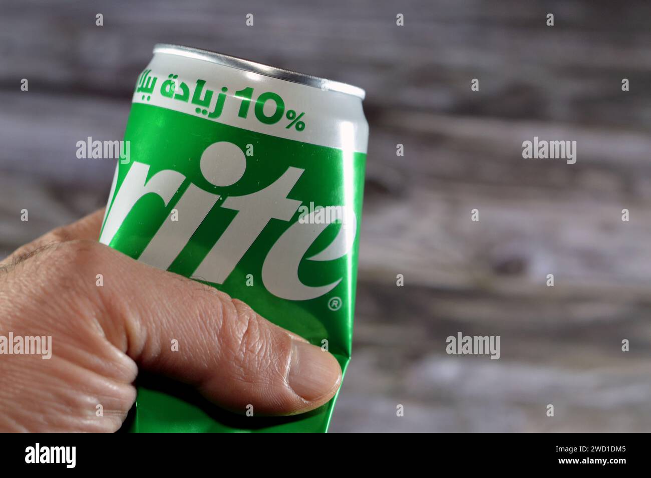 Cairo, Egypt, January 15 2024 Crushed dented lemonlime soda Sprite