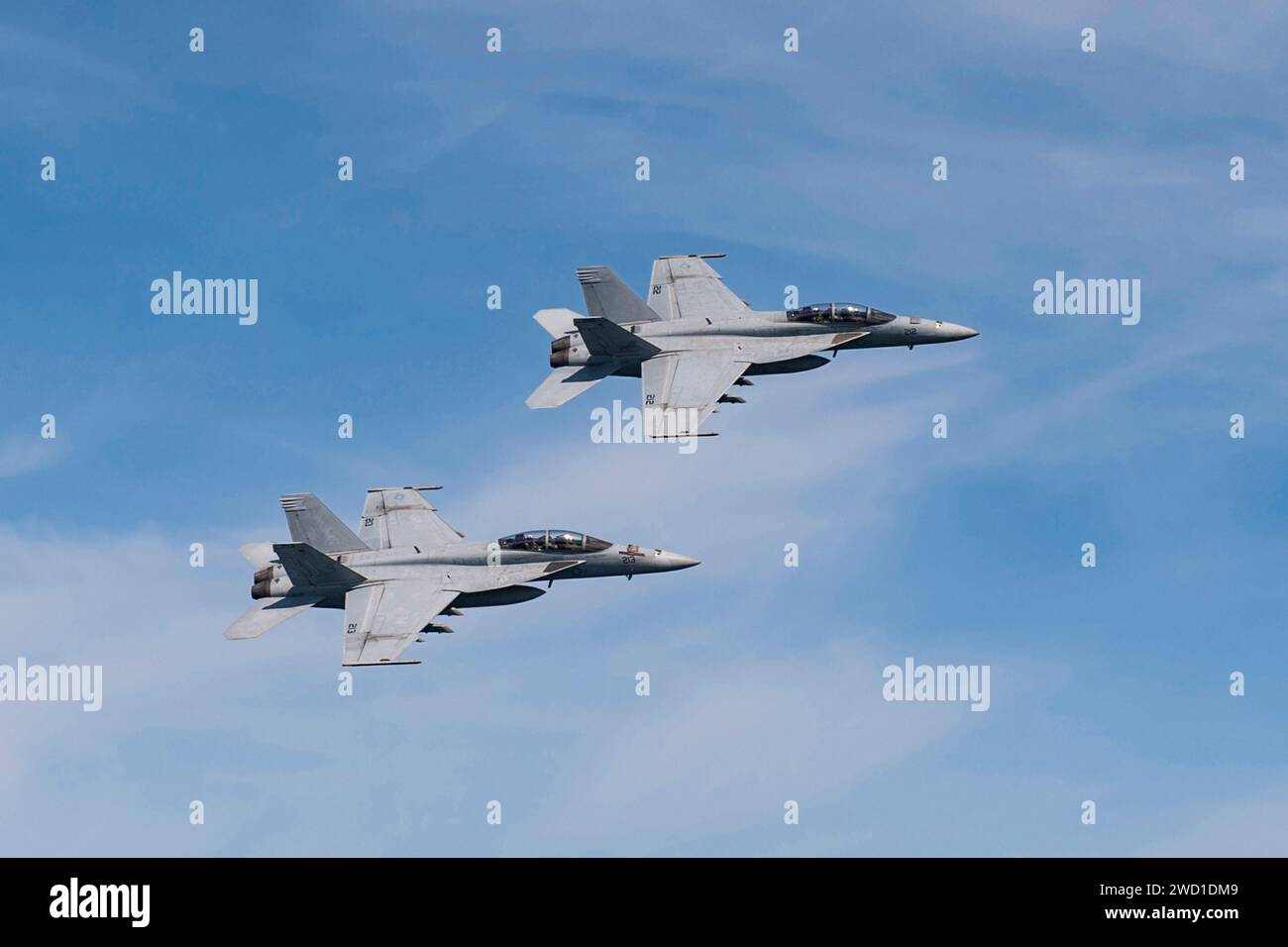 Two F/A-18F Super Hornets in flight. Stock Photo