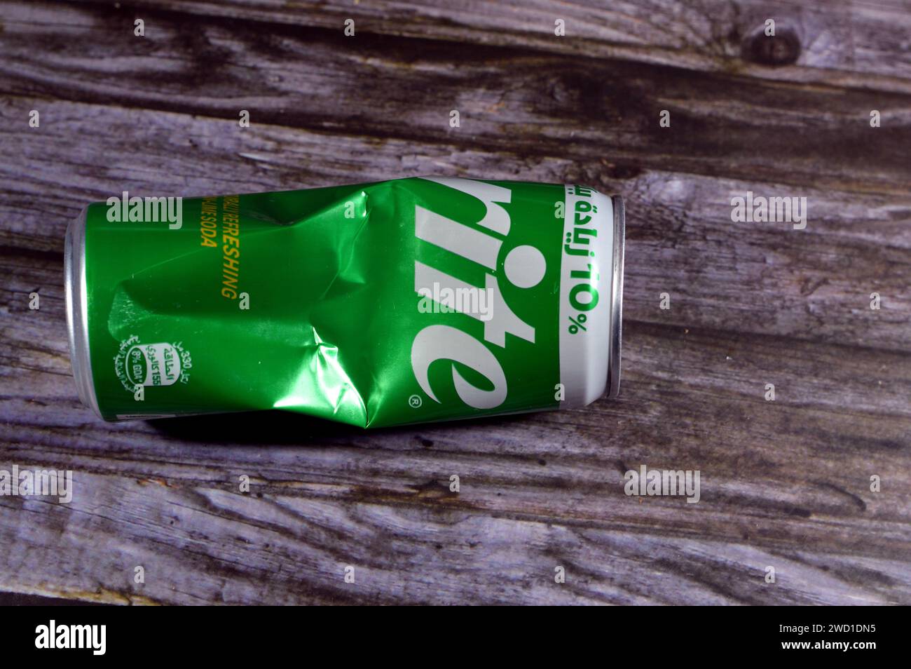 Cairo, Egypt, January 15 2024 Crushed dented lemonlime soda Sprite