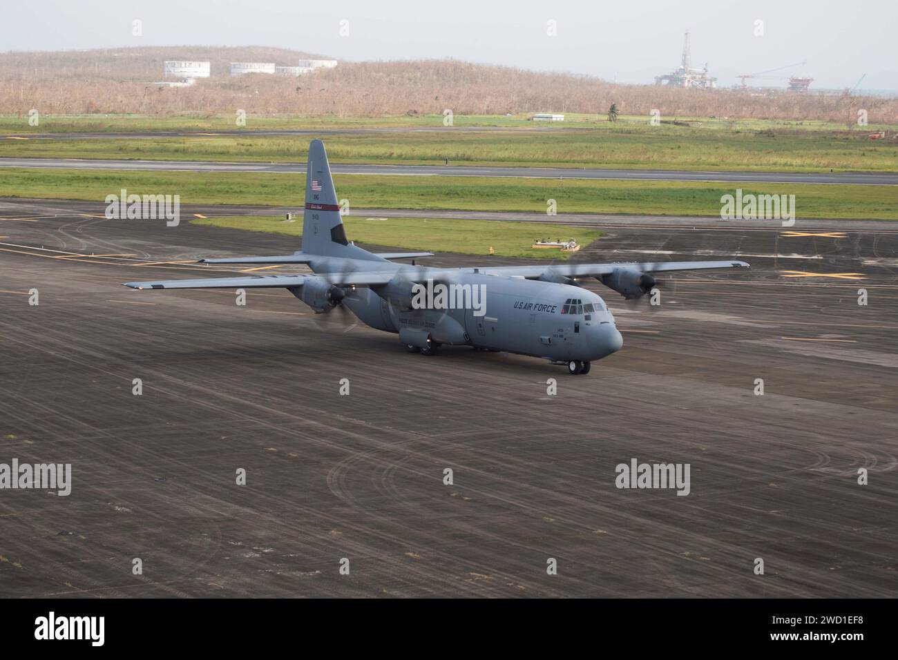 A U.S. Air Force C-5M Super Galaxy transport aircraft landing in Ceiba, Puerto Rico Stock Photo