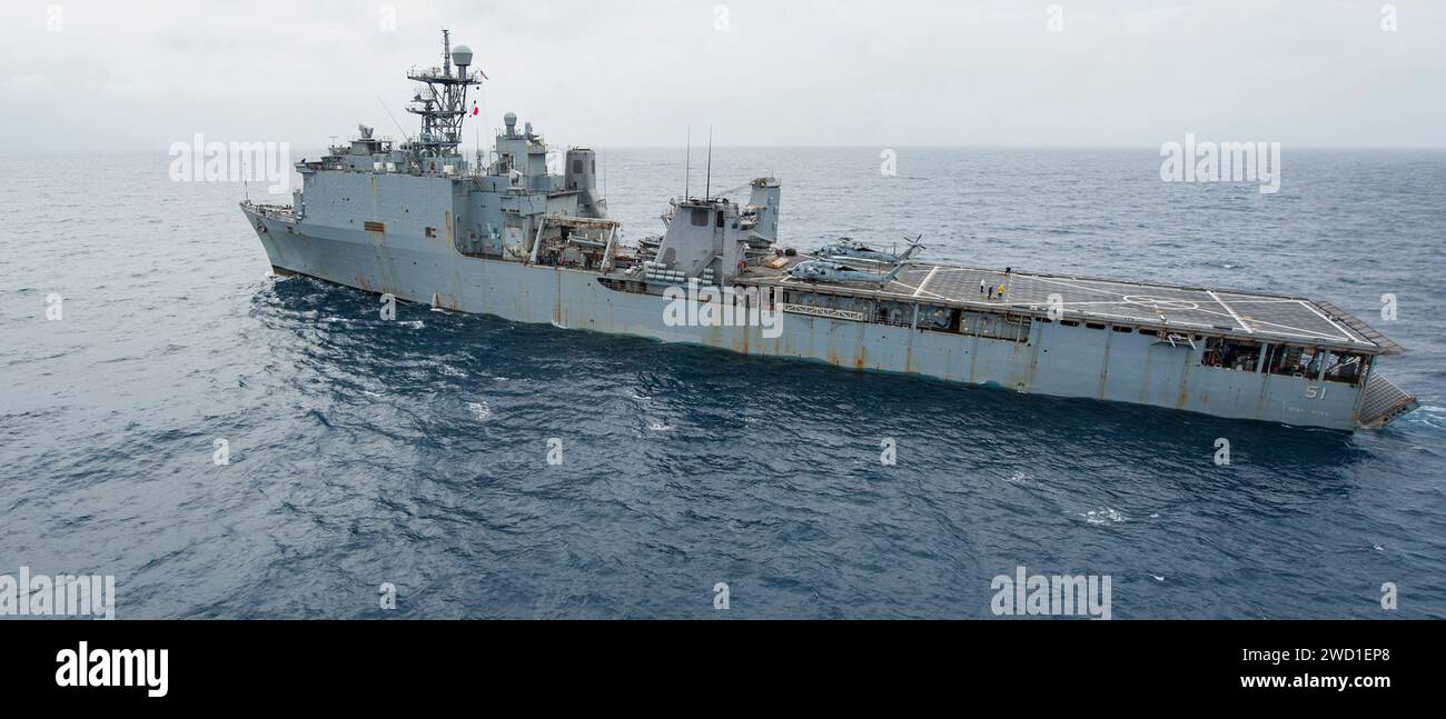 The amphibious dock landing ship USS Oak Hill transits the Caribbean Sea. Stock Photo