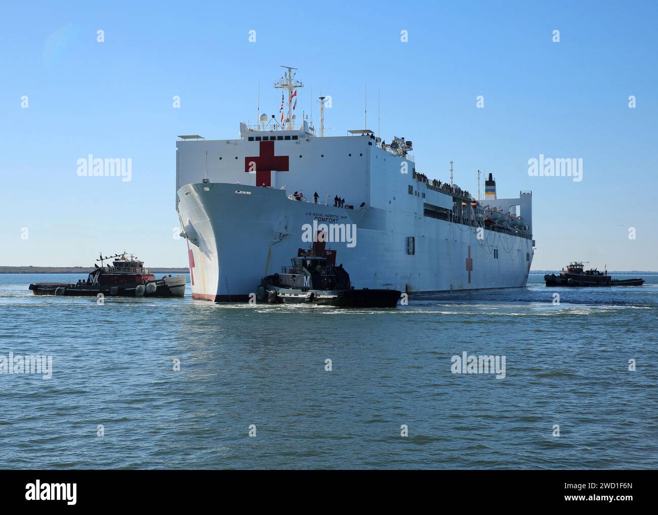 The U.S. Navy hospital ship USNS Comfort arrives at Naval Station Norfolk, Virginia. Stock Photo