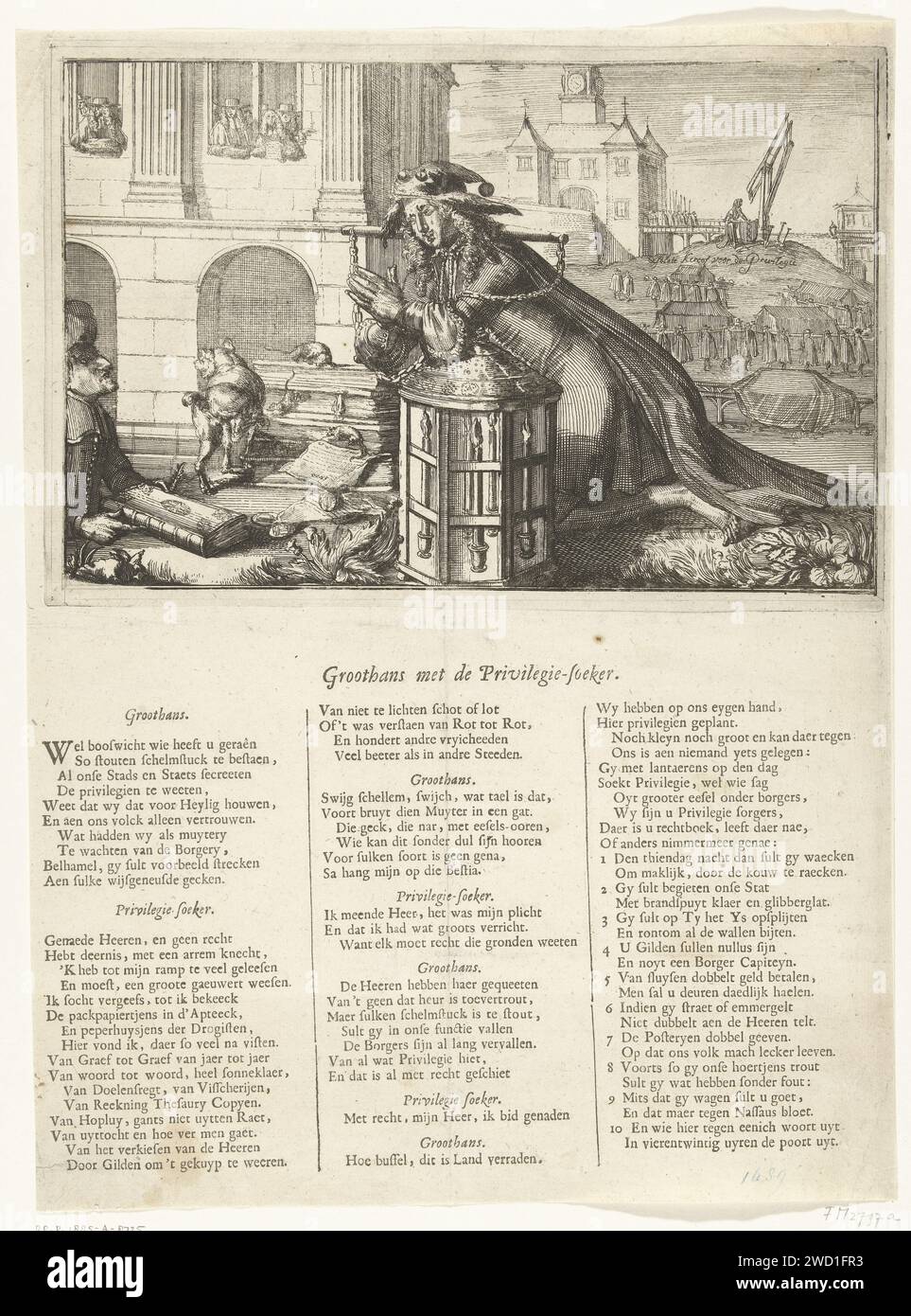 Cartoon on the regents of Amsterdam, 1690, Anonymous, 1690 print Cartoon on the regents of Amsterdam, 1690: Groothans and the privilege finder. The privilege finder (the Burgerij van Amsterdam) kneels and crying with a yoke on the shoulders at a large city lantern (with which he is looking for privileges), while Left Groothans (a regent) offers him a book (possibly a privilege book). On the left a pile of privileges of Amsterdam to which rats nibble and against which a dog pees. In the background on the right a funeral procession in a cemetery referred to as: Desolate Kercof for Previlegie. On Stock Photo